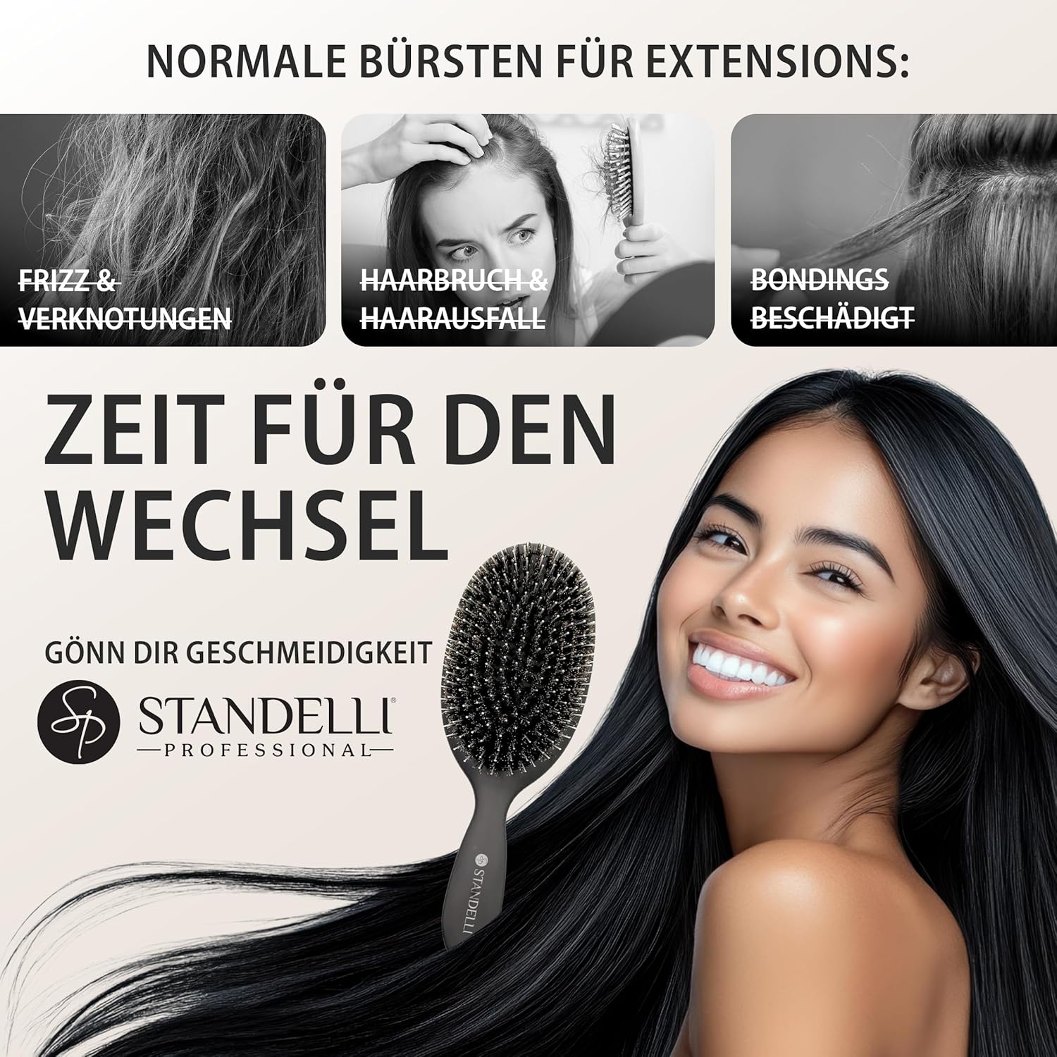 Extensions-Bürste für Haarverlängerungen – Wildschwein- & Nylonborsten, antistatisch, profiqualitativ für Echthaar & Kunsthaar - 5
