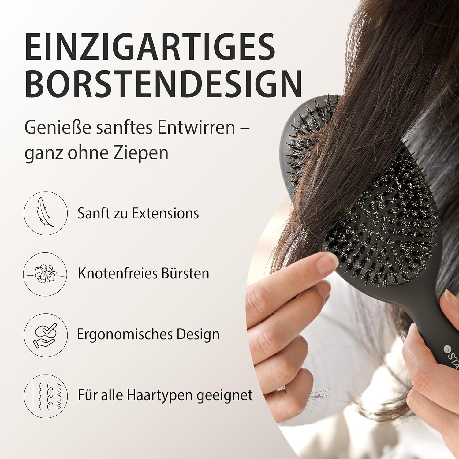 Extensions-Bürste für Haarverlängerungen – Wildschwein- & Nylonborsten, antistatisch, profiqualitativ für Echthaar & Kunsthaar - 3