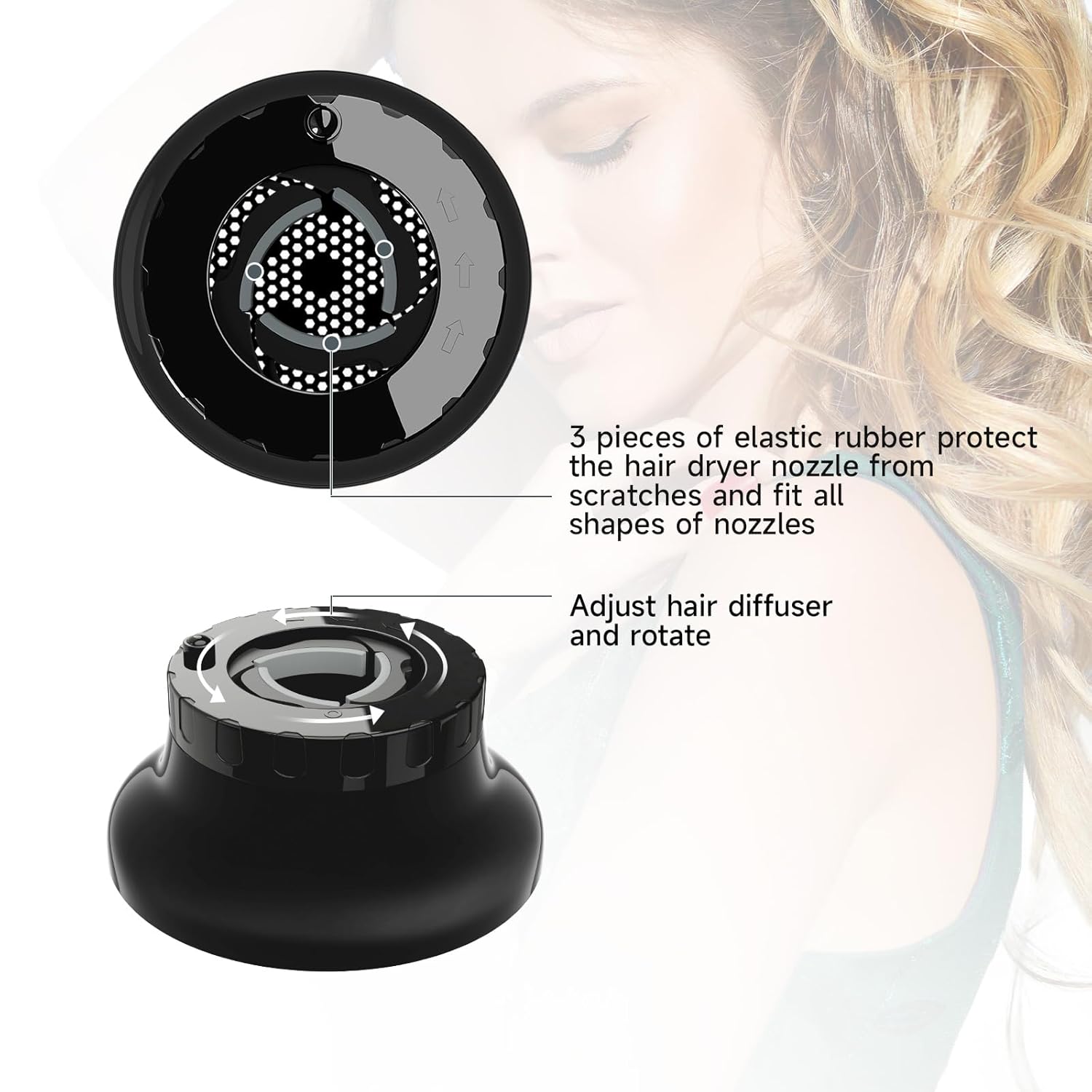 Haardiffusor Aufsatz universal 3,6–6,6 cm – Diffusor für lockiges Haar, anti-Frizz, tiefes Waben‑Design, robustes Silikon – Schwarz - 5