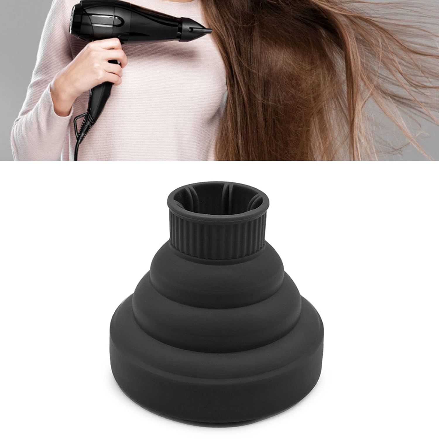 Universeller faltbarer Haartrockner-Diffusor aus Silikon – Reise- & Salon-Diffusor für 3,6–5,1 cm Düsen, schonend für Locken (schwarz) - 3