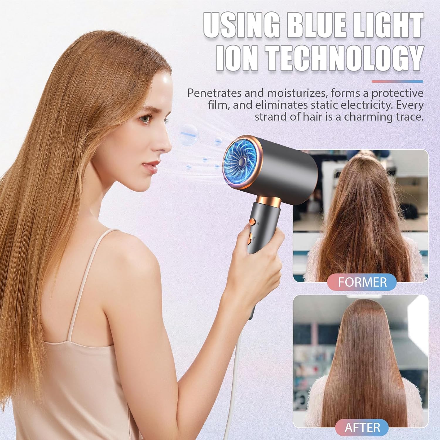 2000W Ionen-Haartrockner, professioneller Föhn mit 2 Geschwindigkeiten & 3 Temperaturstufen – leicht, geräuscharm, mit Überhitzungsschutz und Stylingdüse - 3