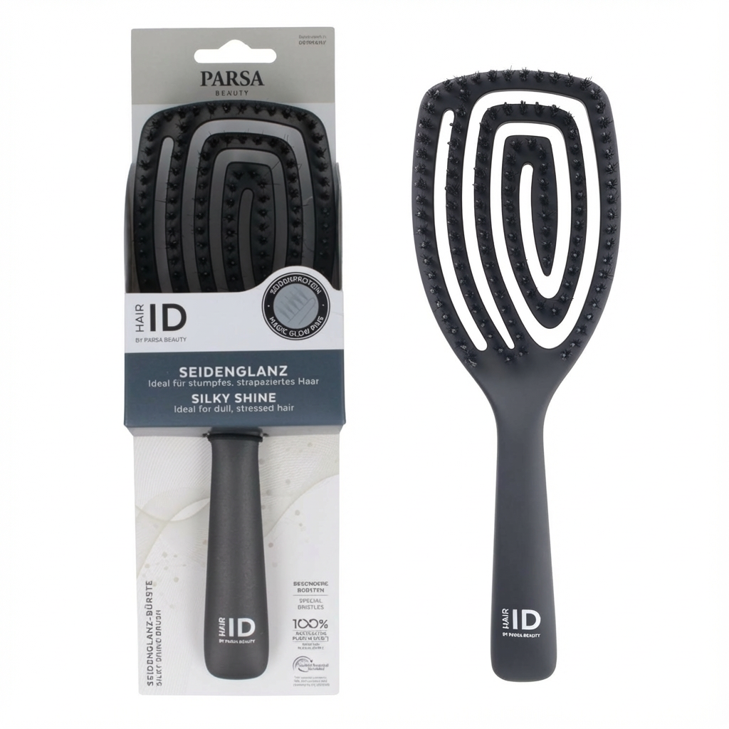 PARSA Beauty Hair ID Seidenglanz Spiralbürste – Magic Glow Naturborsten mit Seidenprotein, flexibler Kopf für sanfte Kopfhautmassage, reduziert Frizz