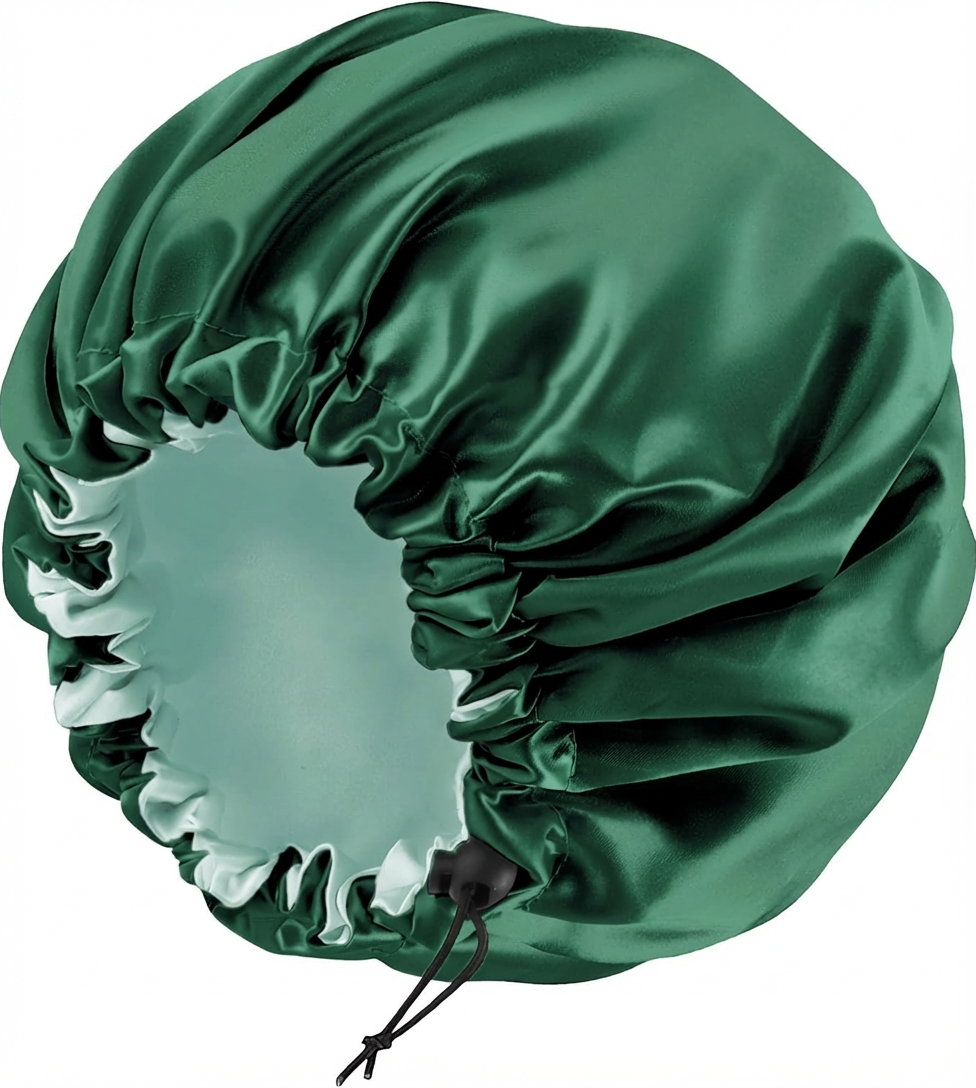Satinhaube für lockiges Haar – Seidenhaube Bonnet mit Zopföffnung, doppellagig & verstellbar, schonend für Nachtpflege (Grün)
