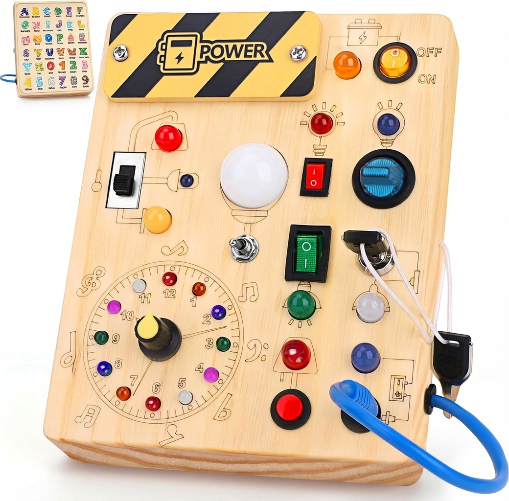 Montessori Busy Board ab 1 Jahr – Elektronisches Holz-Spielzeug mit 10 Schaltern & 23 LED, lernfördernd, langlebig und reisetauglich