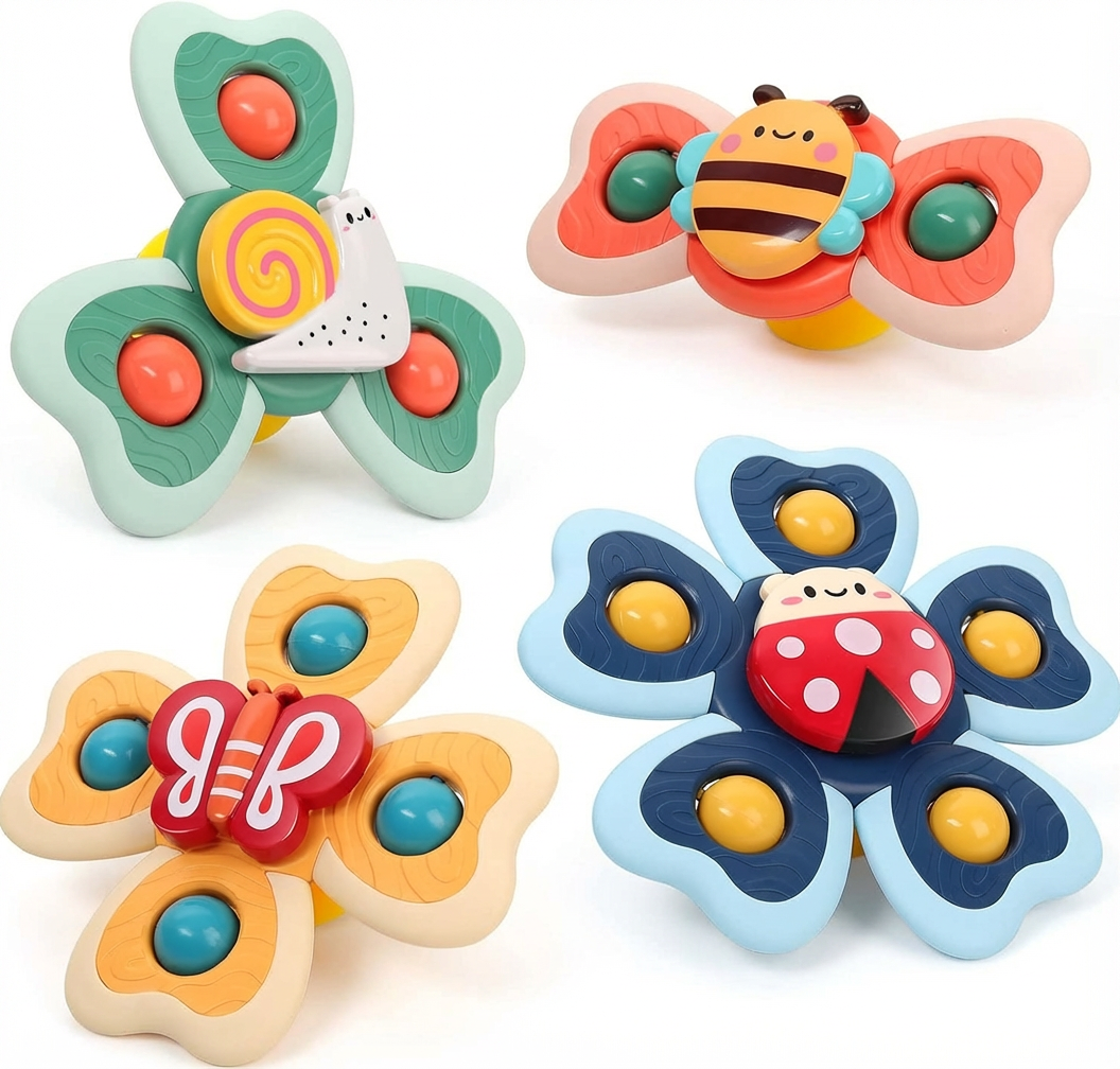 Saugnapf Spinner Baby Spielzeug 4er Set – weiche Silikon-Kreisel, BPA-frei, rostfreies Nylonlager, ideal für Bad, Fenster & Reise