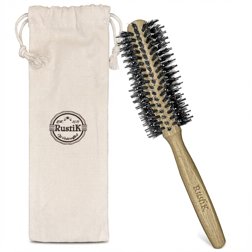Runde Haarbürste aus Buchenholz – antistatisch, Nylon- & Wildschweinborsten, hitzebeständig, mit Baumwolle Reisetasche