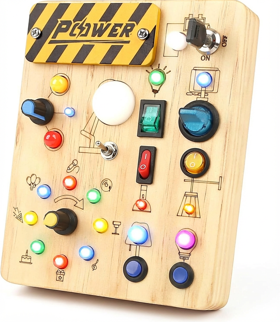 Montessori Busy Board ab 2 Jahren – Motorikspielzeug aus Holz mit 19 LED, 10 Aktivitäten, tragbar & hochwertig
