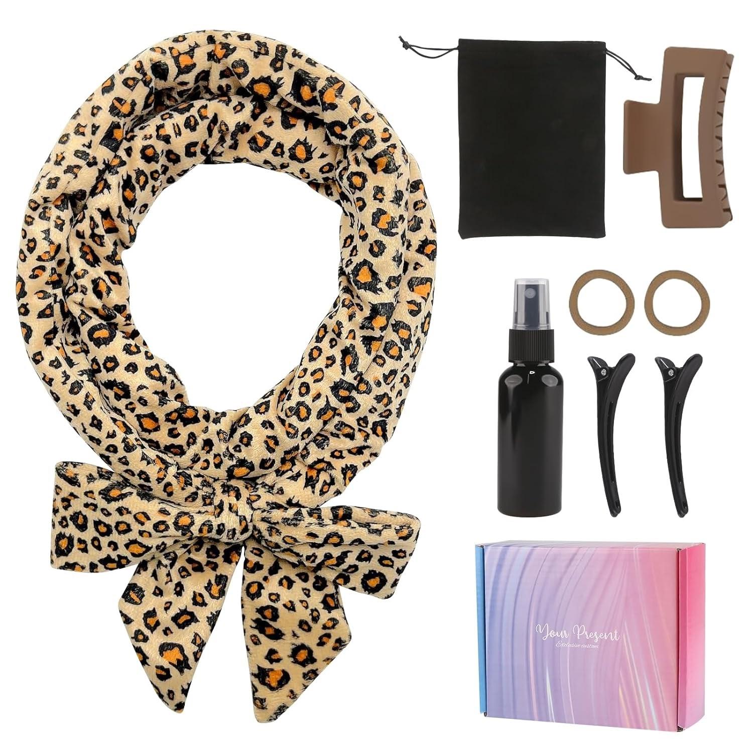 Lockenwickler über Nacht – Samt Heatless Curls Band Set mit Klammern & Tasche, große Locken ohne Hitze, Leopardenmuster