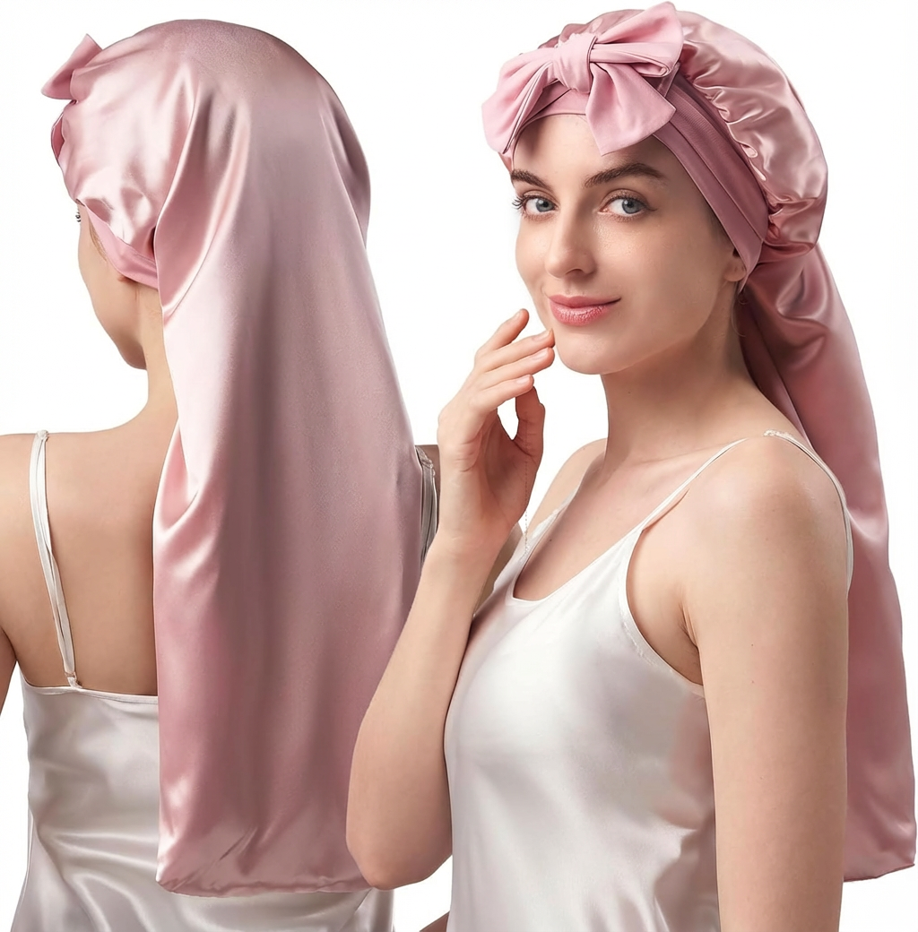 Umisleep 22 Momme Maulbeerseide Schlafmütze – doppellagig, atmungsaktiv für voluminöses Haar, verstellbares breites Band, Rosa
