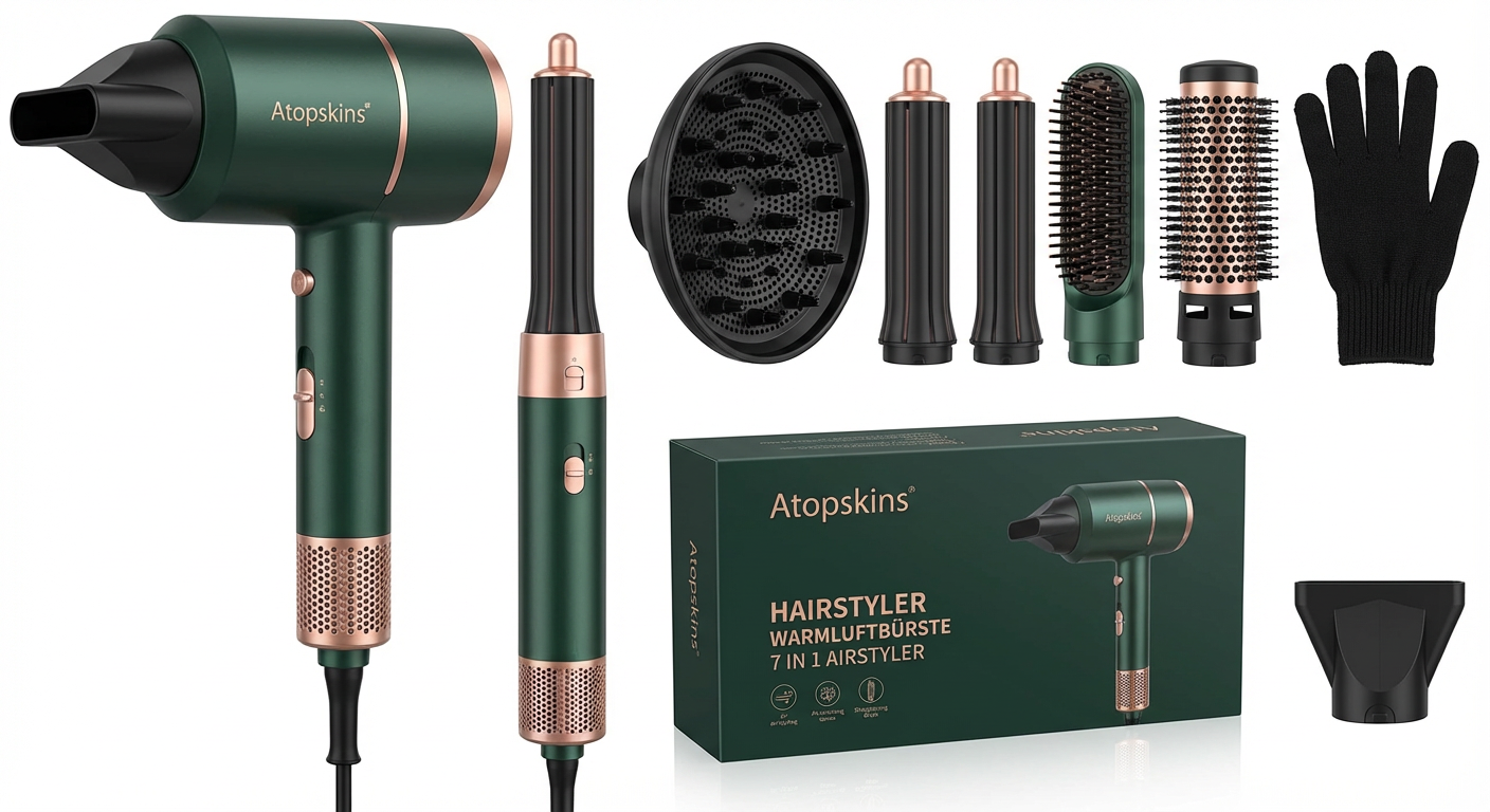 Atopskins 7‑in‑1 Warmluftbürste Airstyler – 110.000 U/min Ionen‑Haartrockner mit Air‑Lockenstab, Glätt‑ & Rundbürsten‑Set für Volumen, Glätten & Locken