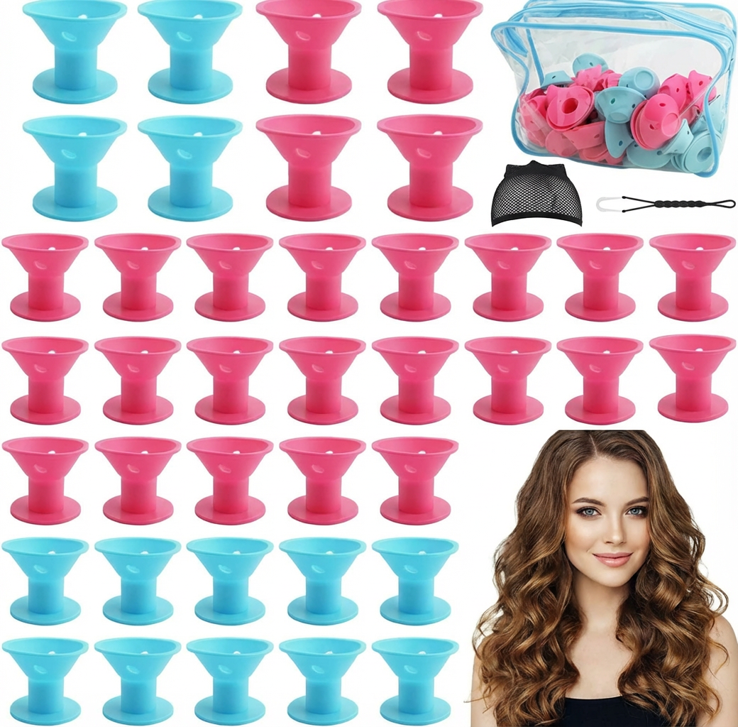 60er Silikon Lockenwickler Set ohne Hitze – weich, wiederverwendbar, 2 Größen (Rosa/Blau) Aufbewahrungstasche