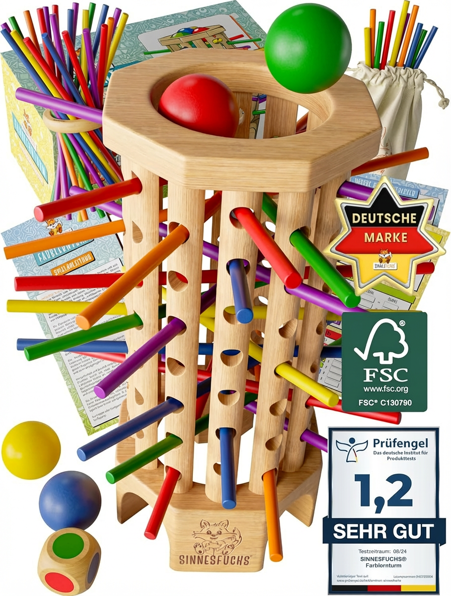 Farbernturm Montessori Lernspiel ab 3 Jahre – nachhaltiges FSC-Holz, pädagogisch & variabel, inkl. Stäbchen & Spielkarten
