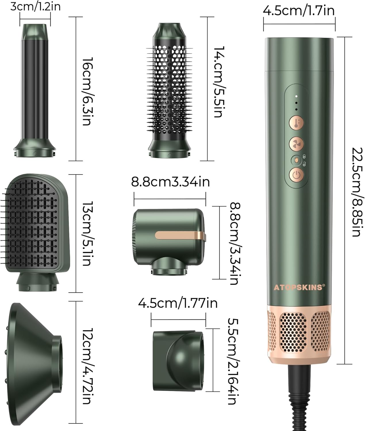 Atopskins 7‑in‑1 Warmluftbürste Airstyler – 110.000 U/min Ionen‑Haartrockner mit Air‑Lockenstab, Glätt‑ & Rundbürsten‑Set für Volumen, Glätten & Locken - 7