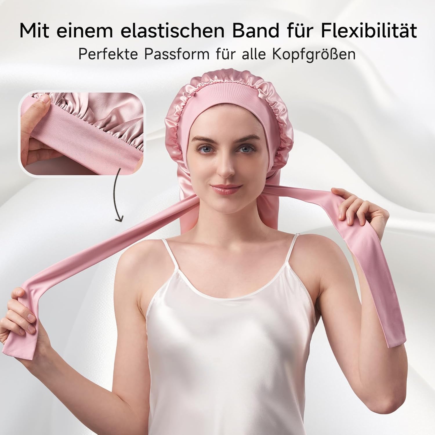 Umisleep 22 Momme Maulbeerseide Schlafmütze – doppellagig, atmungsaktiv für voluminöses Haar, verstellbares breites Band, Rosa - 7