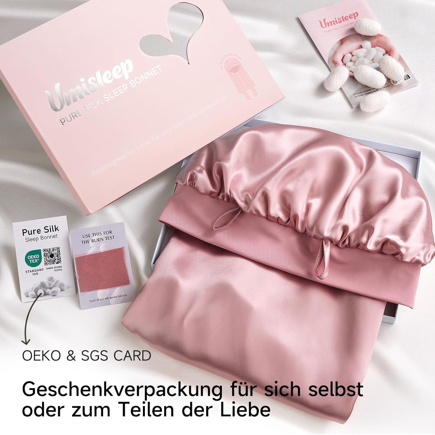 Umisleep 22 Momme Maulbeerseide Schlafmütze – doppellagig, atmungsaktiv für voluminöses Haar, verstellbares breites Band, Rosa - 6