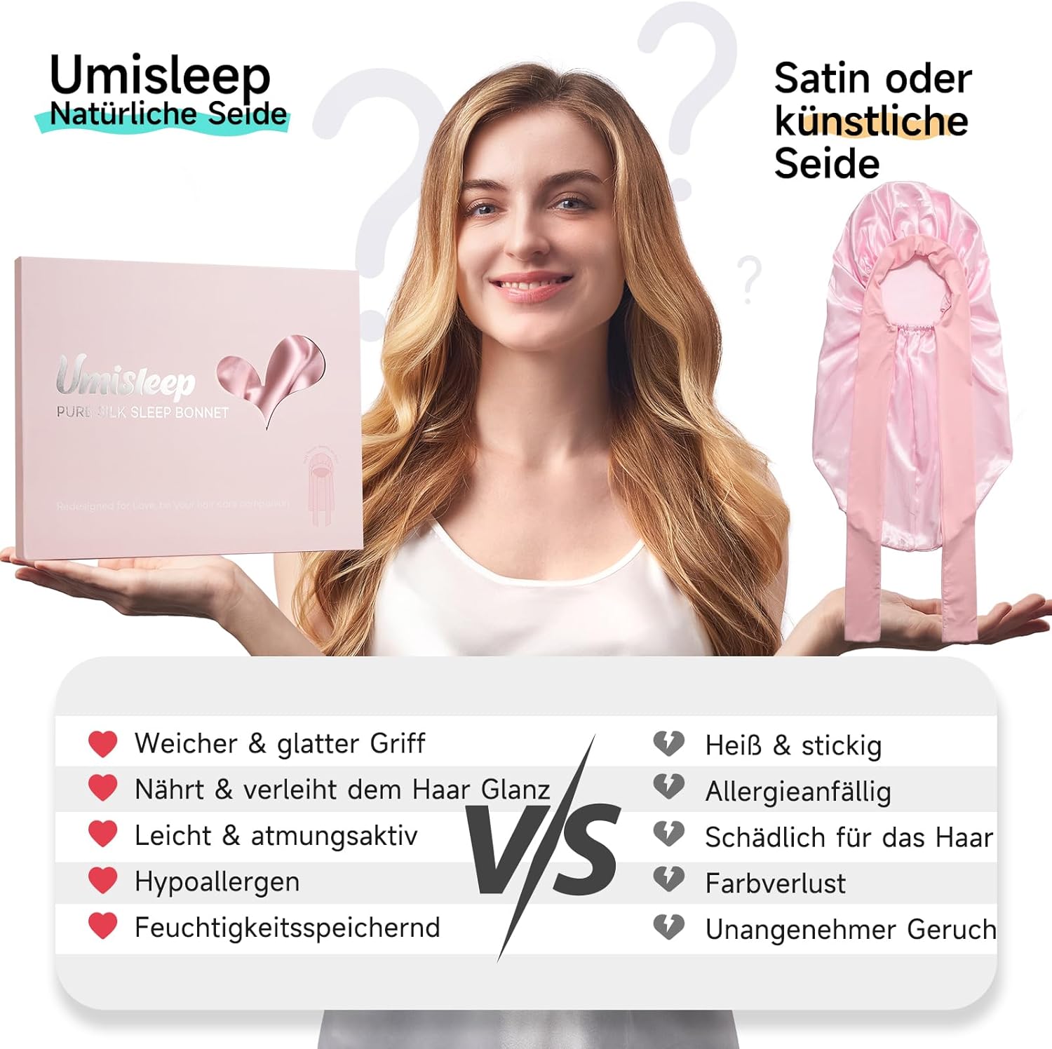 Umisleep 22 Momme Maulbeerseide Schlafmütze – doppellagig, atmungsaktiv für voluminöses Haar, verstellbares breites Band, Rosa - 4