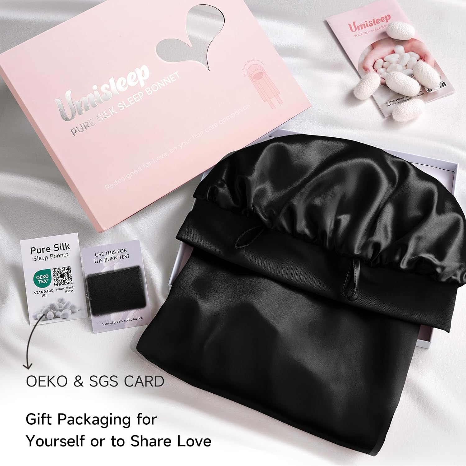 Umisleep 22 Momme Maulbeerseide Schlafmütze – doppellagig, atmungsaktiv für voluminöses Haar, verstellbares breites Band, Rosa - 14